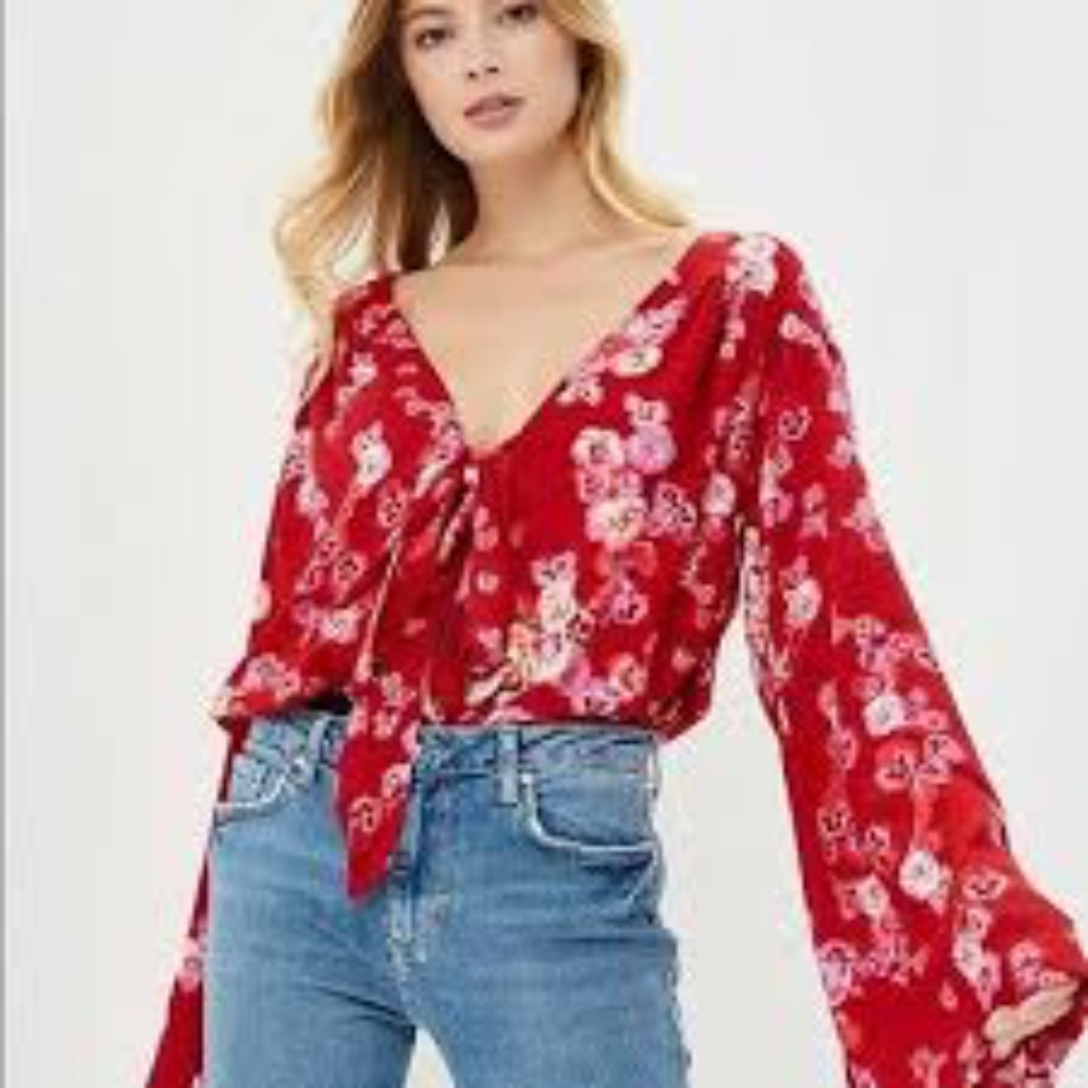 Free People Red Floral Blouse